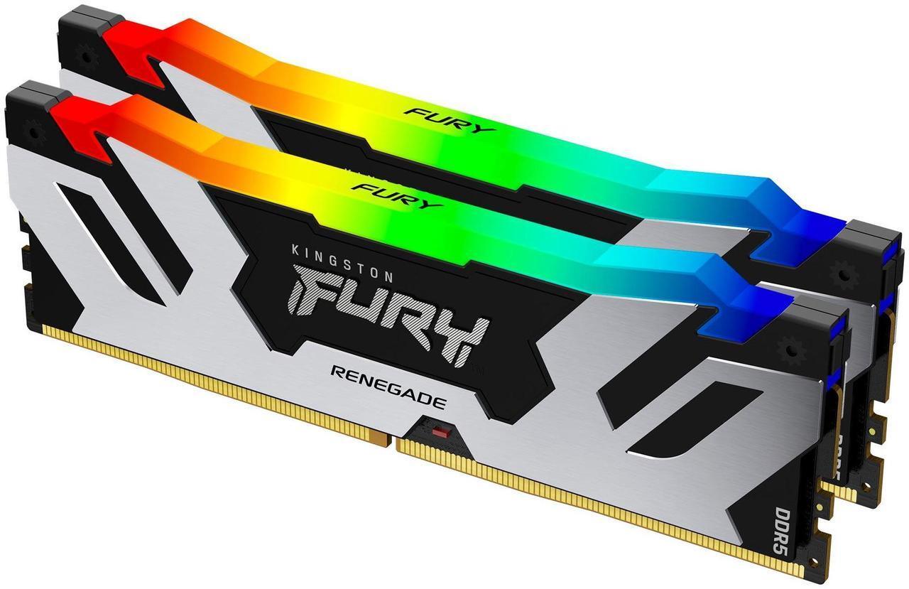 ذاكرة رام كينجستون فيوري رينيجيد DDR5 RGB سعة 32 جيجابايت (16GBx2) - فضي وأسود (Kingston FURY Renegade RGB DDR5 32GB (2x16GB) Desktop Memory Kit - Silver & Black)