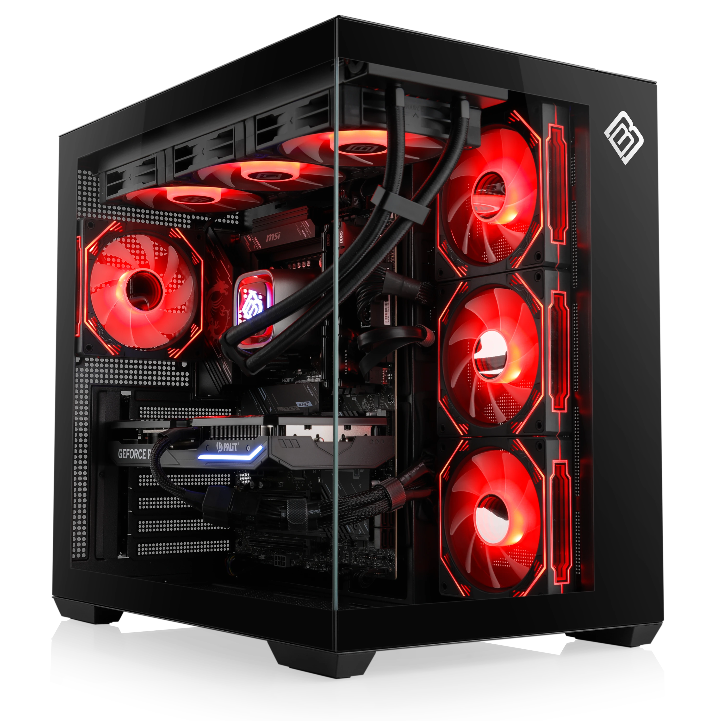 تجميعة كمبيوتر قيمنق احترافية كيسة مكعبة بانورامية - تبريد مائي MSI - كرت Palit - مراوح ARGB حمراء (Custom Dual-Chamber Panoramic Gaming PC Build - Red LED)